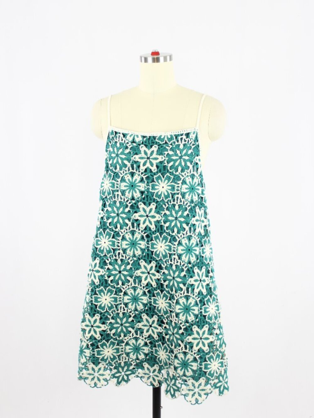ZARA Green White Floral Cotton Crochet A-Line Mini Shift Dress, Size S